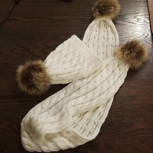 Toby Cozy Cream Cable Knit Scarf And Hat Set with Faux Fur Pom Poms